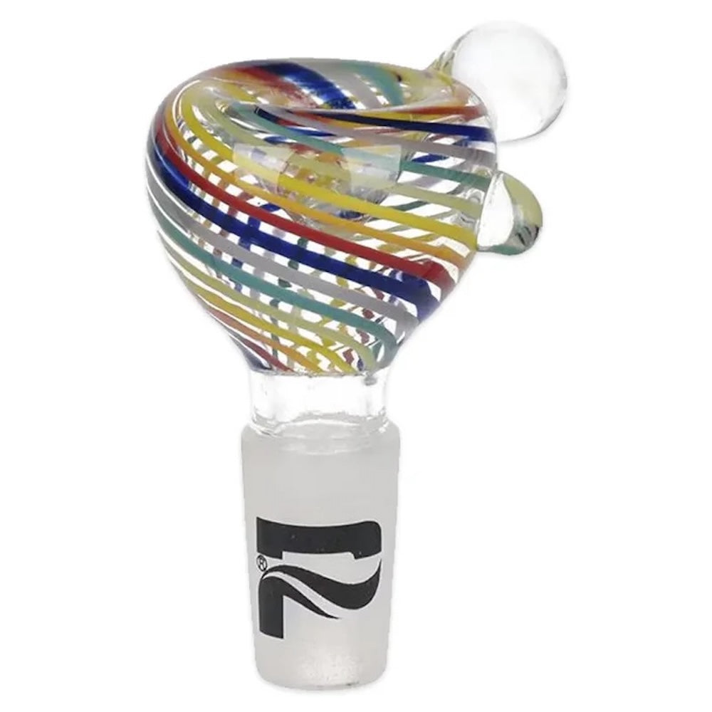 Colorful glass smoking accessory with a logo on a white background