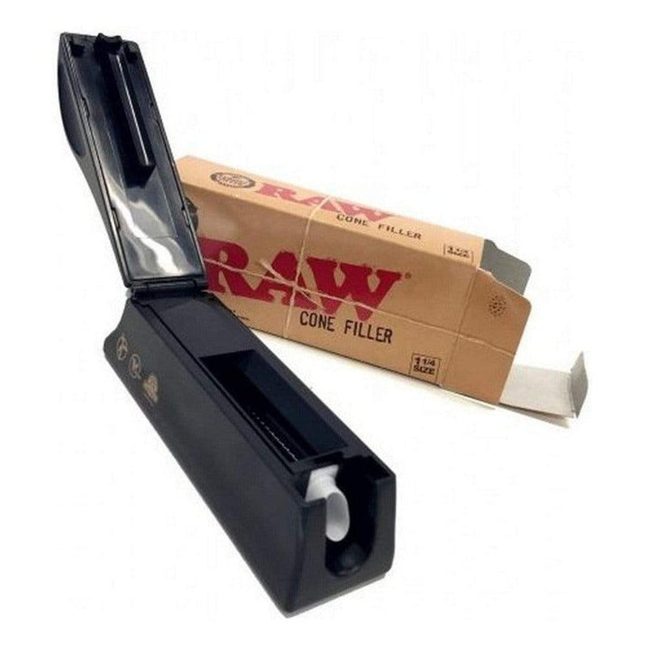 Black cone filler with RAW branded box on a white background