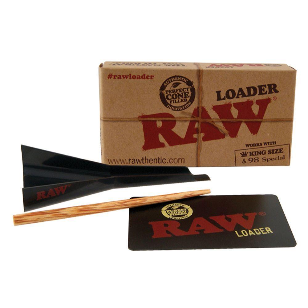 RAW smoking accessory set including a box, loader, and cones on a white background