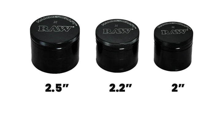 Three black 'RAW' branded grinder parts with measurements on a white background