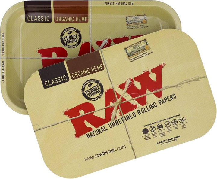 RAW rolling tray with a beige and red design on a white background