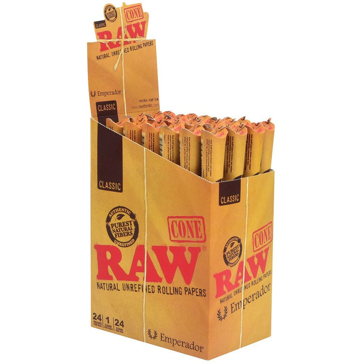 Display of Raw emperador cones with packaging on a white background