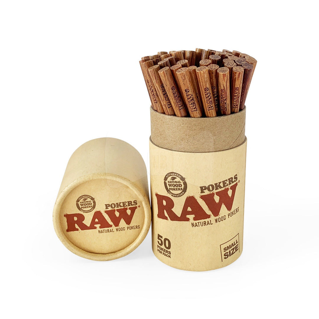Container of Raw poker wood sticks on a white background