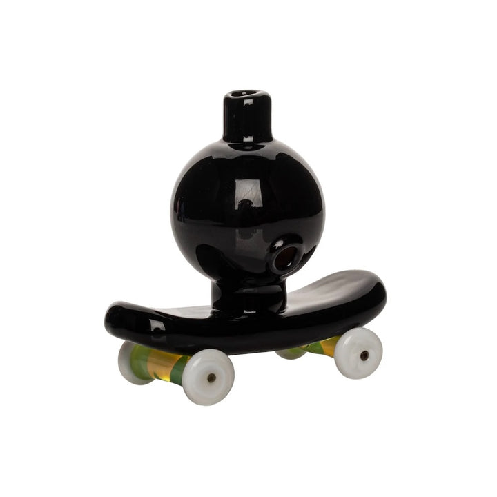 Black glass carb cap resembling a skateboard on a white background