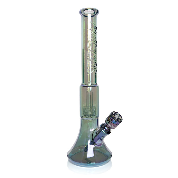 Clear glass water pipe with metallic accents on a white background