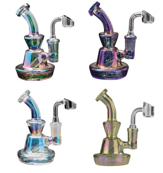 Four glass smoking devices with metallic sheen on a white background