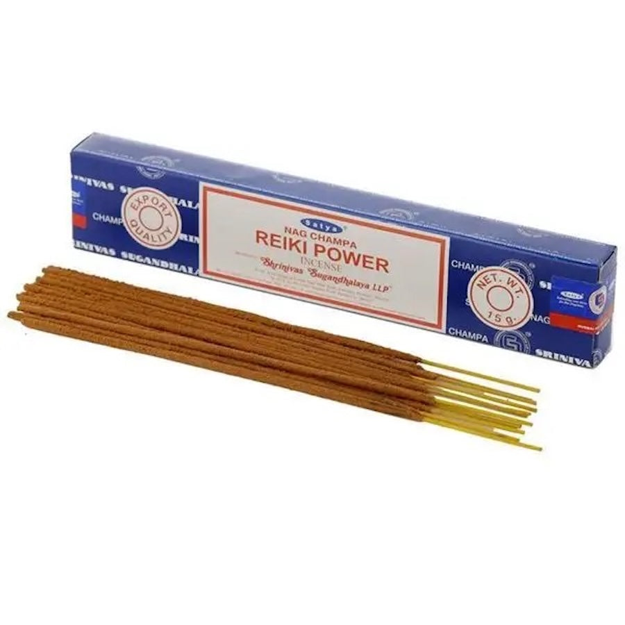 Box of Nag Champa Reiki Power incense sticks on a white background