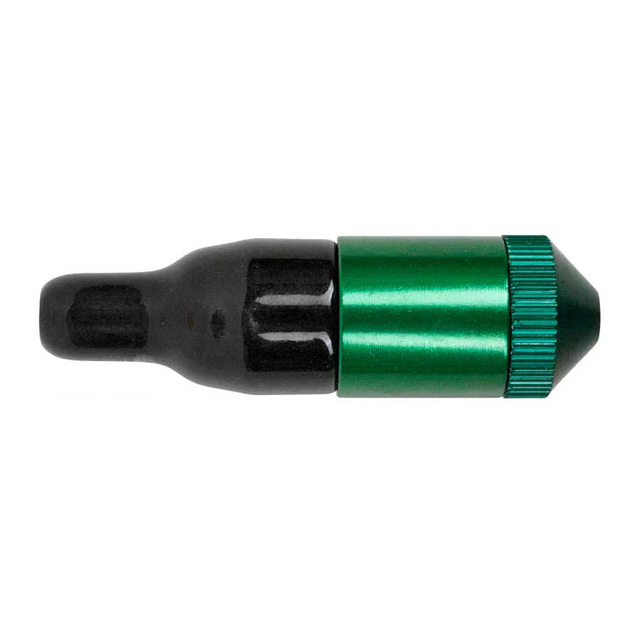 Green and black one hitter pipe on a white background