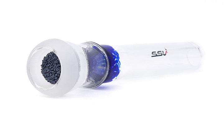 Close-up of a white and blue glass device with 'SSV' branding on a white background