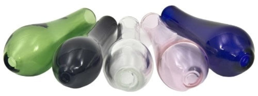 small colourful glass bulb styled mouthpieces on a white background
