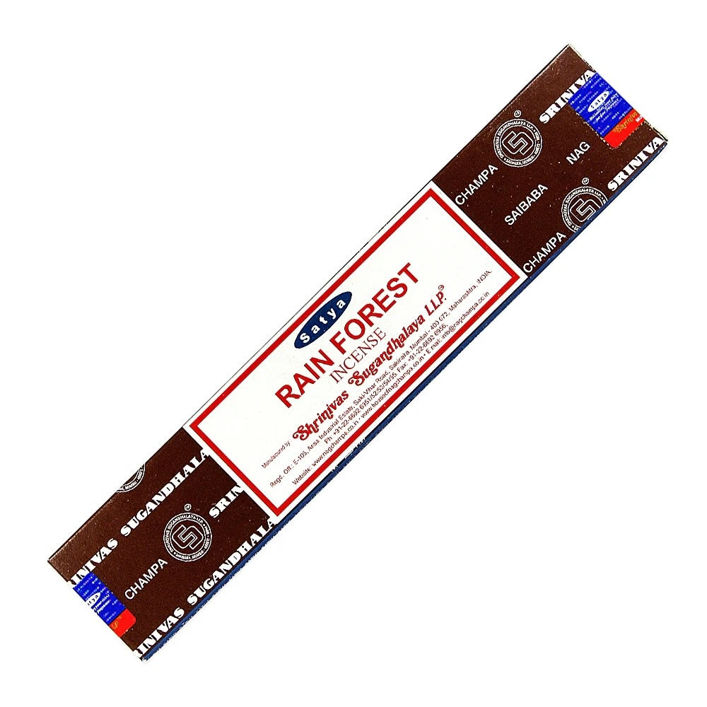 Box of satya Rain Forest incense sticks with visible branding on a white background