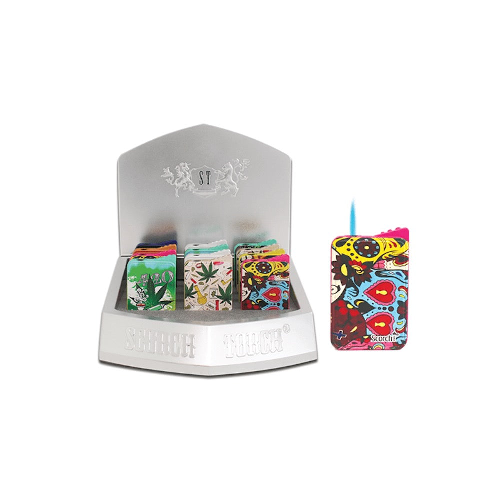 Display stand with colorful torch lighters on a white background