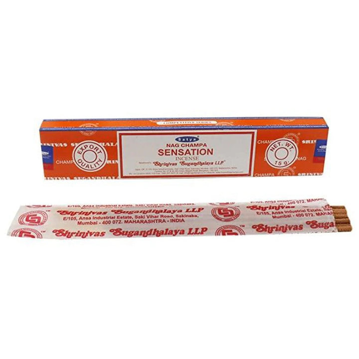 Box of Nag Champa Sensation incense sticks with a single stick on a white background