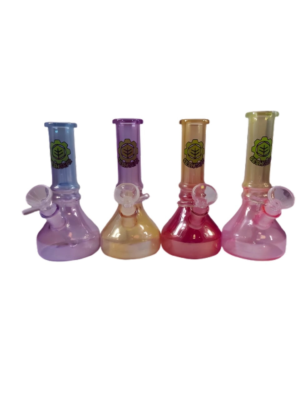Four colorful glass bongs with a brand logo on a white background