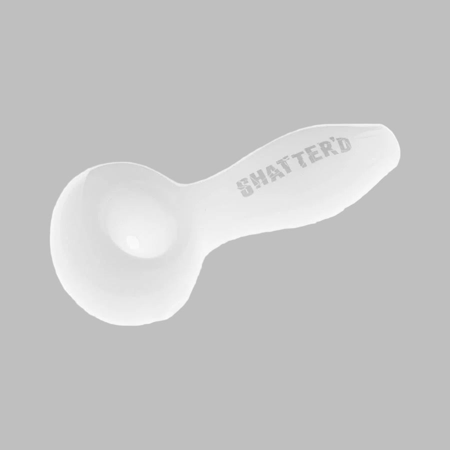 White glass pipe with 'SHATTERD' branding on a white background