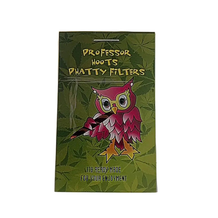 Pack of 'Professor Hoots Phatty Filters' with an owl design on a green background.