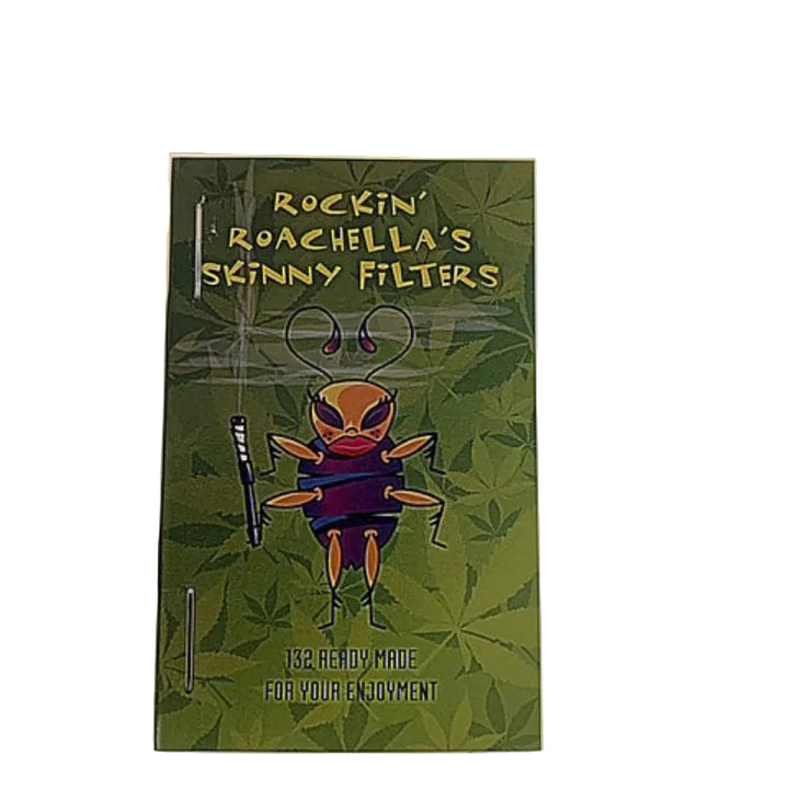 Pack of 'Rockin' Roachella's Skinny Filters' with cartoon roach design on green background