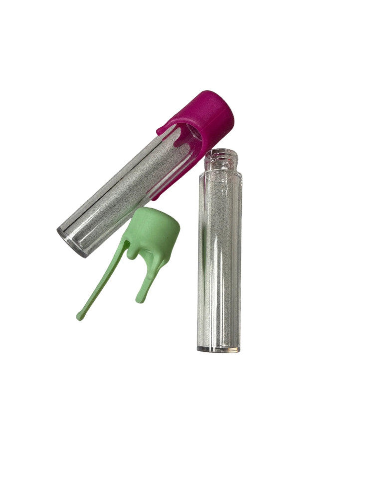 Two clear plastic tubes with colorful caps on a white background 