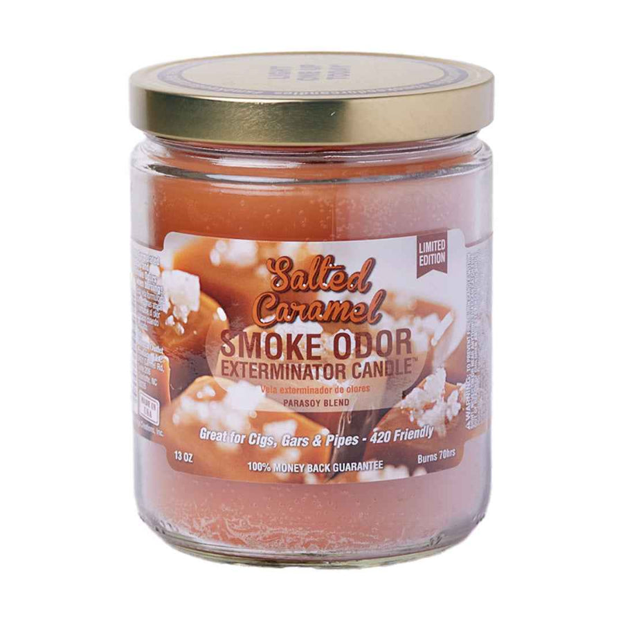 Jar of salted caramel smoke odor candle on a white background