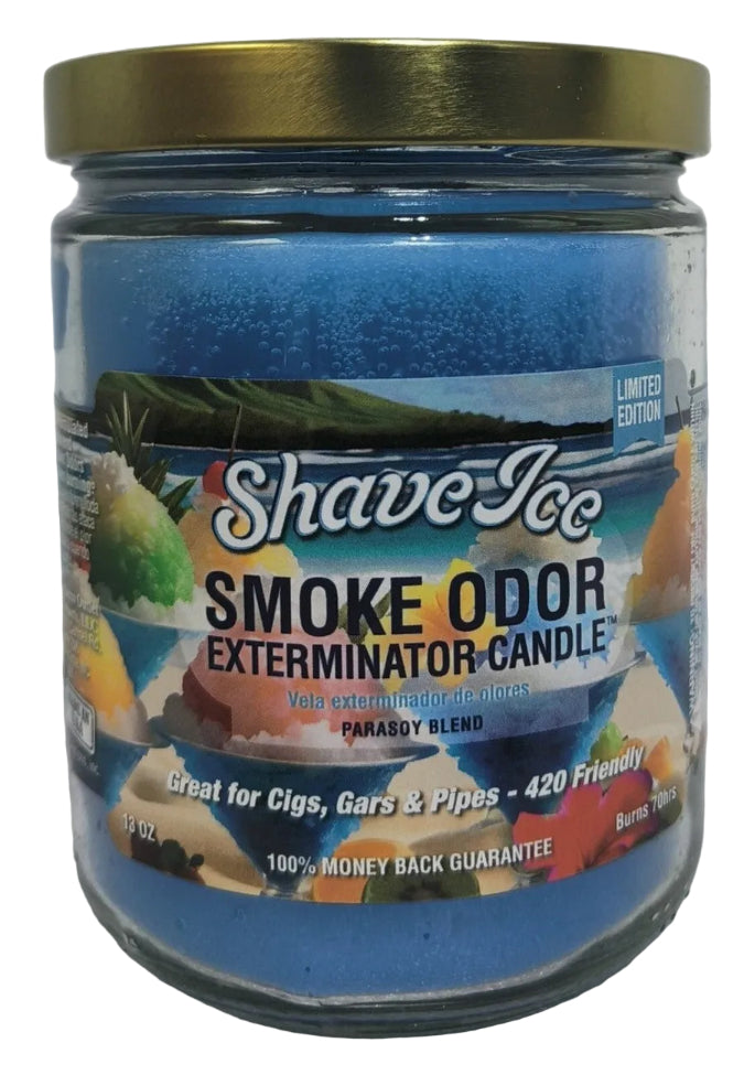 Shave Ice Smoke Odor Exterminator Candle with blue candle and gold lid on a white background
