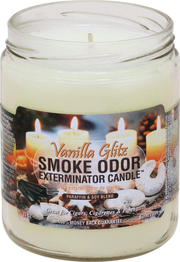 Jar candle labelled "Vanilla Glitz" on a white background