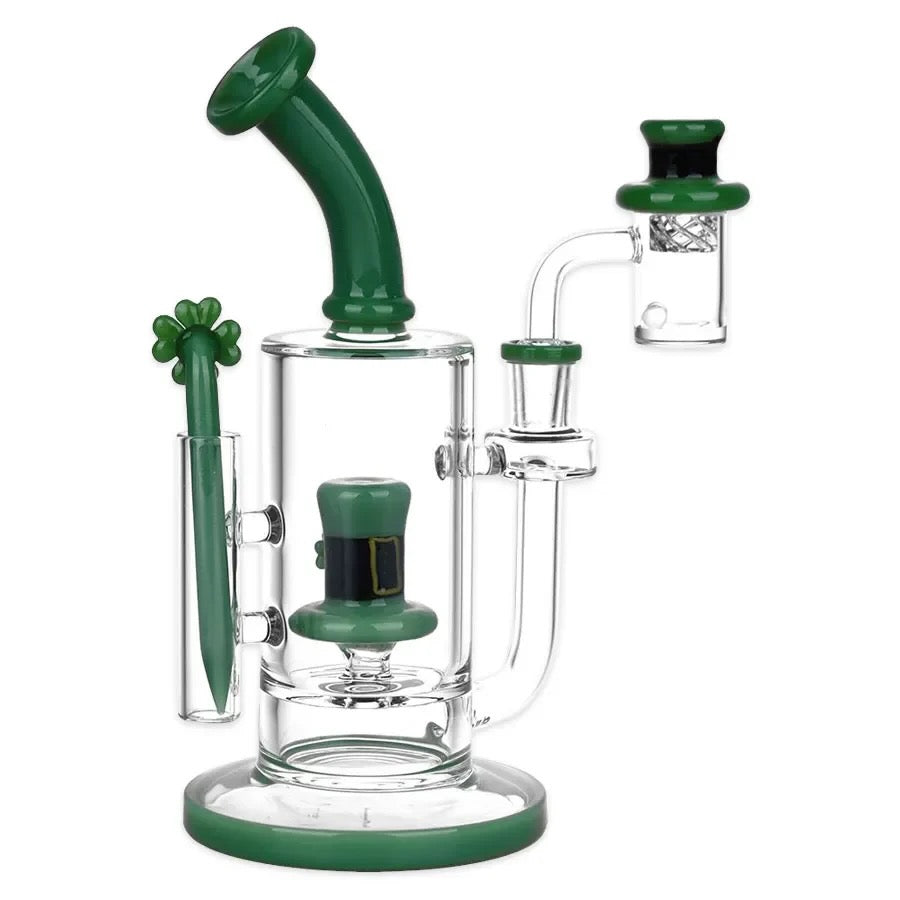 Glass smoking device with green accents on a white background