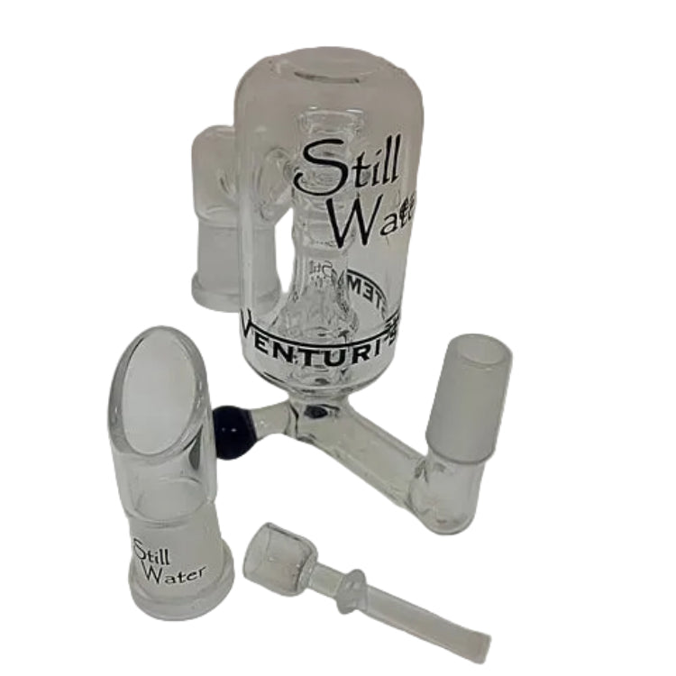 glass ashcatcher with a stillwater label and a white background