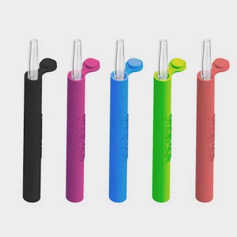 Set of colourful dab straws with silicone sleeves on a light gray background
