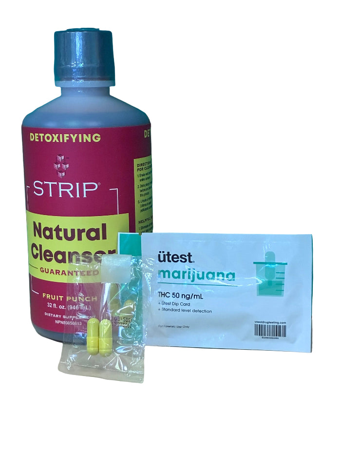 Strip 32oz detox drink, utest 50ng drug test and pre-cleanse capsules for a complete detox on a white background