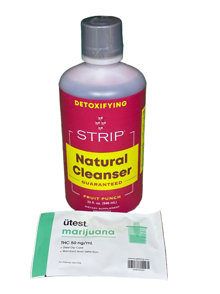 Bottle of 'Strip' Natural Cleanser with a 'utest' marijuana test kit on a white background.
