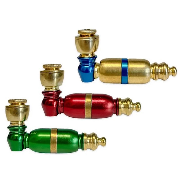 Set of colorful metal smoking pipes on a white background