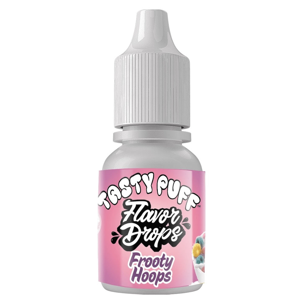Bottle of Tasty Puff Flavor frooty hoops Drops with pink label on a white background