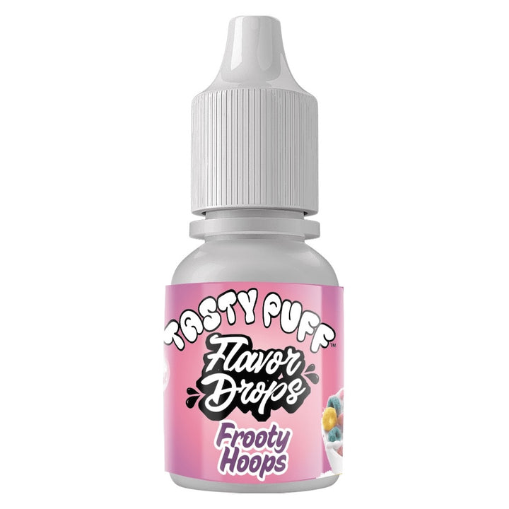 Bottle of Tasty Puff Flavor frooty hoops Drops with pink label on a white background
