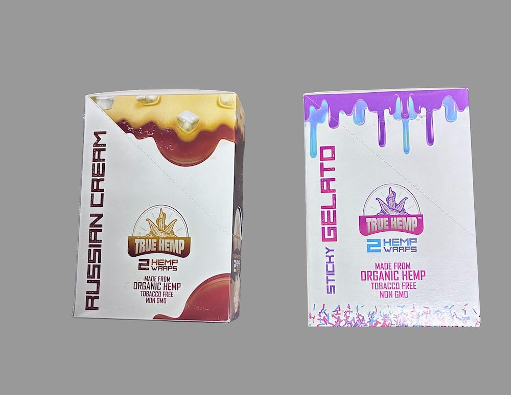 Two packages of True Hemp blunt products on a gray background