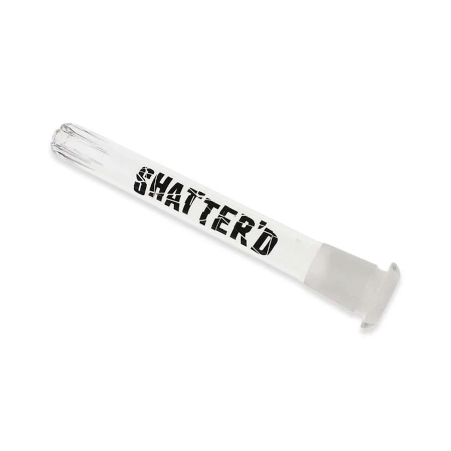 Glass bong stem with 'SHATTER'D' branding on a white background