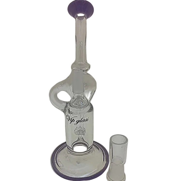 Clear glass smoking device with purple accents on a white background