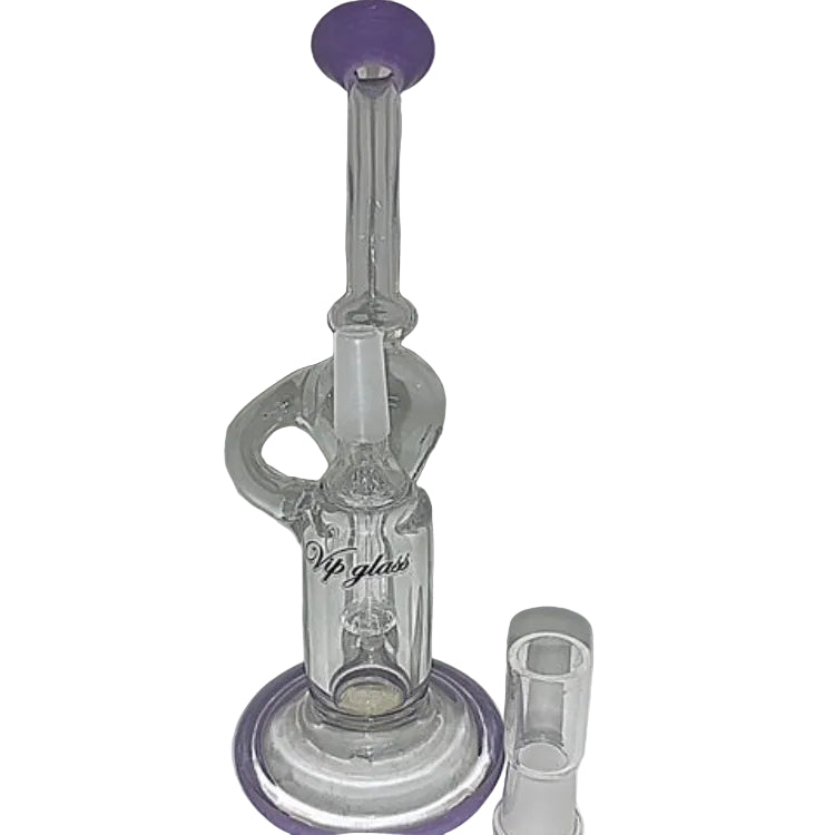 Clear glass water pipe with purple base and accents on a white background