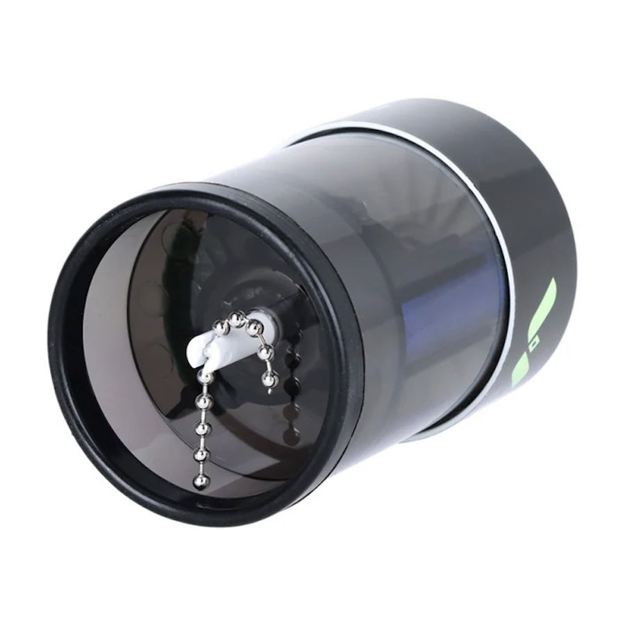 Black cylindrical container with a small chain inside on a white background