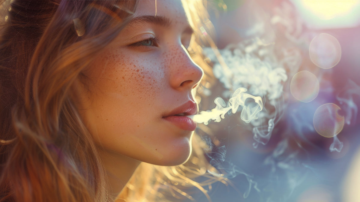 Woman with freckles blowing smoke from a vape, surrounded by a soft, blurred background