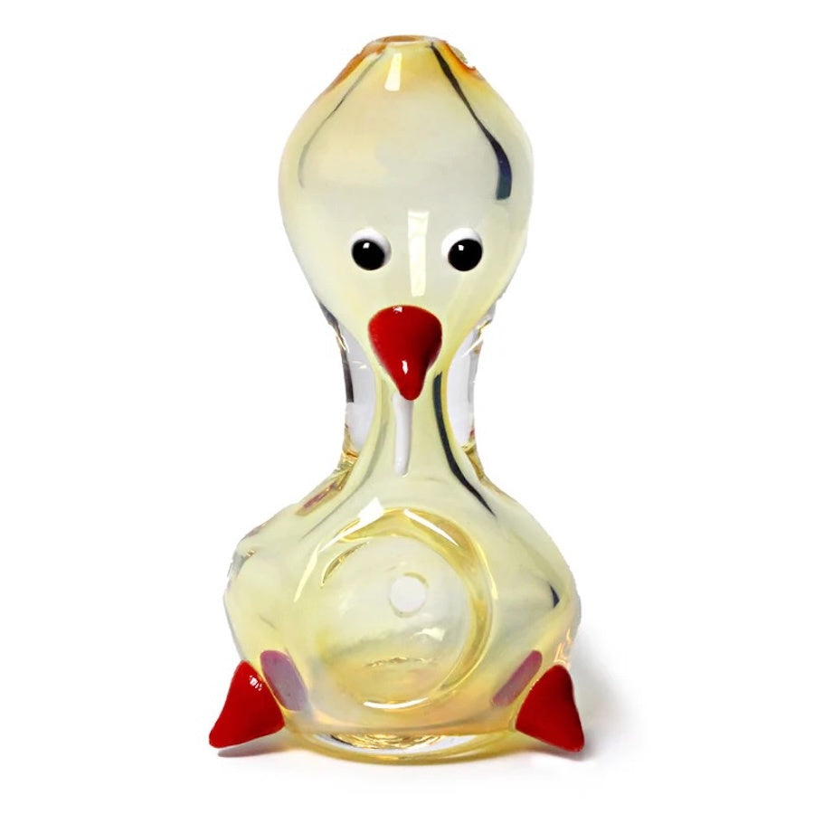 Glass duck figurine with a red beak and feet on a white background