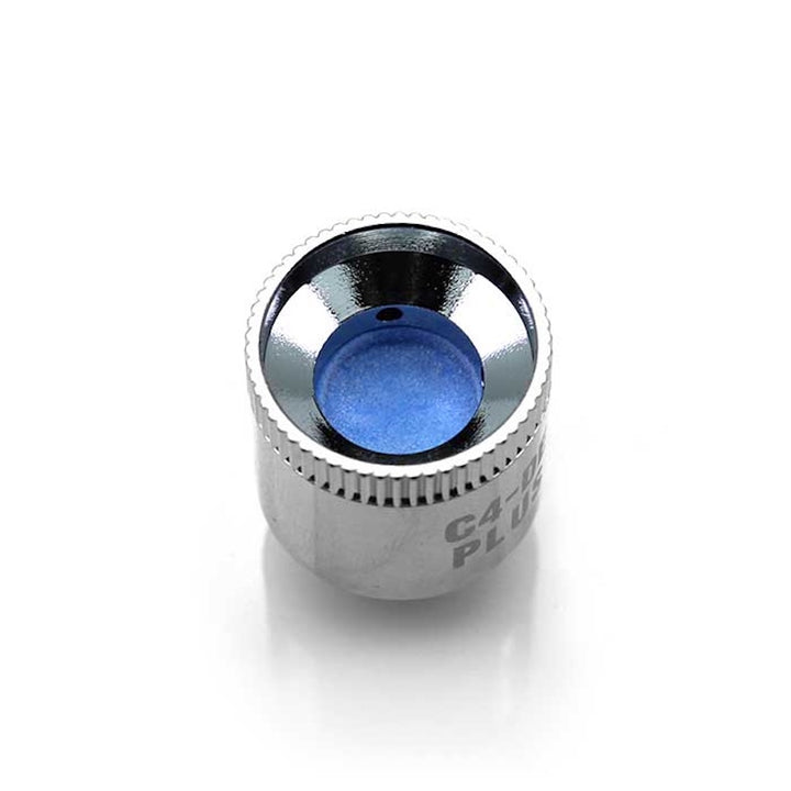 Metallic atomizer with blue centre on a white background
