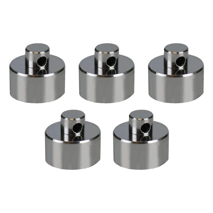 Set of six silver metal components on a white background