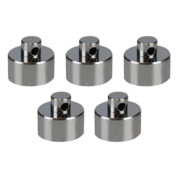 Set of six silver metal components on a white background