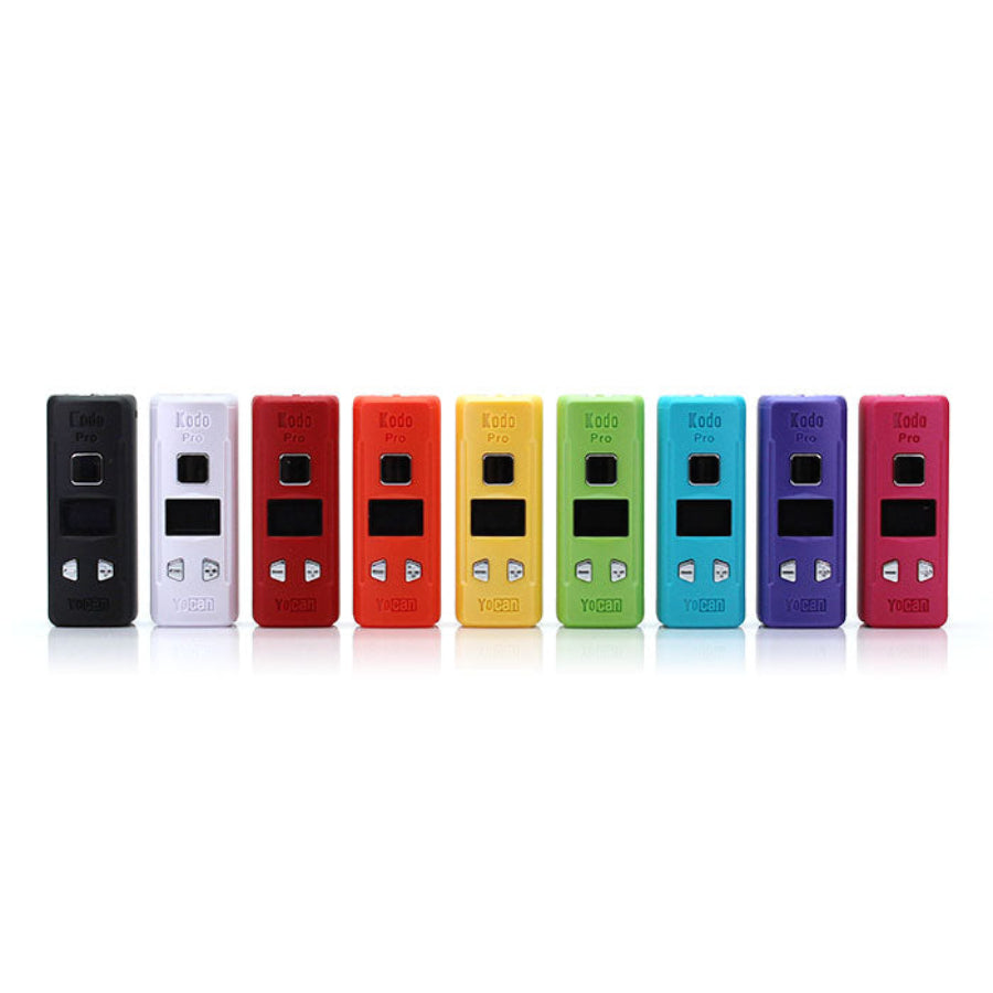 Row of colorful electronic devices on a white background