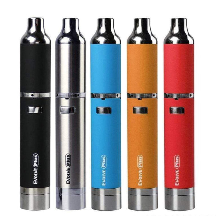 Five Evolve Plus vape devices in black, silver, blue, orange, and red on a white background.