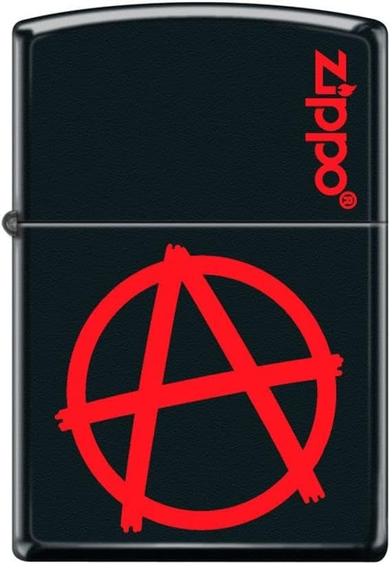 Zippo lighter with red anarchy symbol on white background