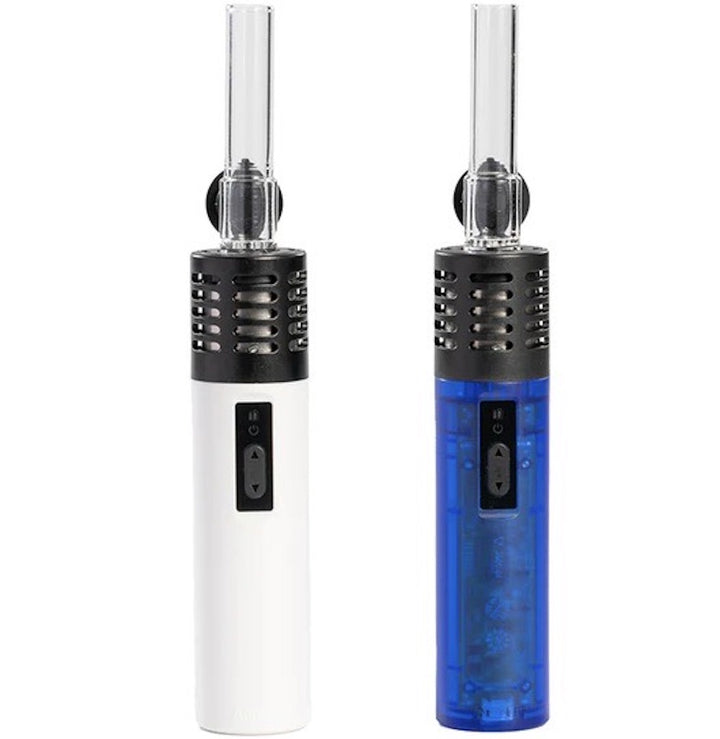 Two handheld lighters, one white and one blue, on a white background.