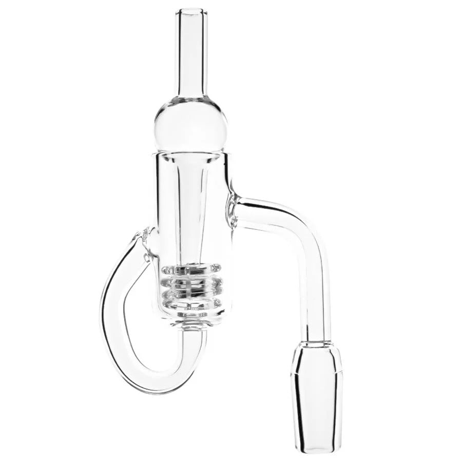 Clear glass quartz banger recycler  with carb cap on a white background