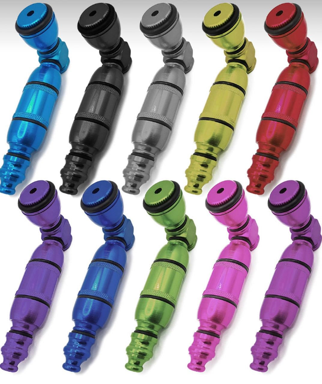 Colorful water spray nozzles arranged in a grid on a white background