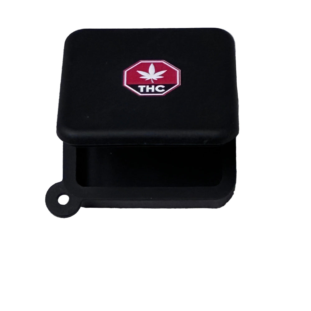 Black silicone 2ml container with THC logo on a white surface